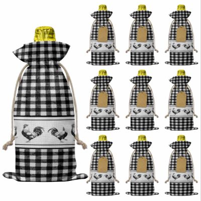 10 Pcs Premium Wine Bottle Gift Bags with Drawstring Black and White Buffalo Check Farmhouse Rooster Reusable Wine Gift Bag for Christmas, Wedding, Birthday,Holiday Party, Housewarming, Home Storage