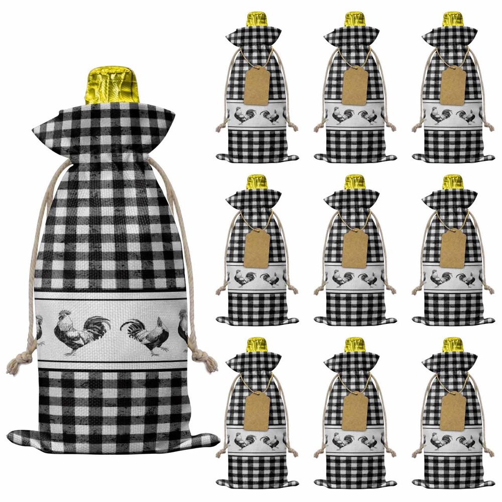 10 Pcs Premium Wine Bottle Gift Bags with Drawstring Black and White Buffalo Check Farmhouse Rooster Reusable Wine Gift Bag for Christmas, Wedding, Birthday,Holiday Party, Housewarming, Home Storage