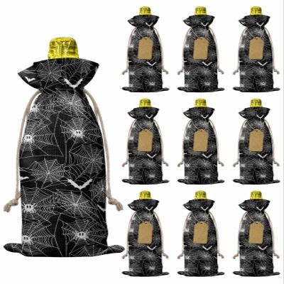10 Pcs Premium Wine Bottle Gift Bags with Drawstring Halloween Theme Spider Reusable Wine Gift Bag for Christmas, Wedding, Birthday,Holiday Party, Housewarming, Home Storage