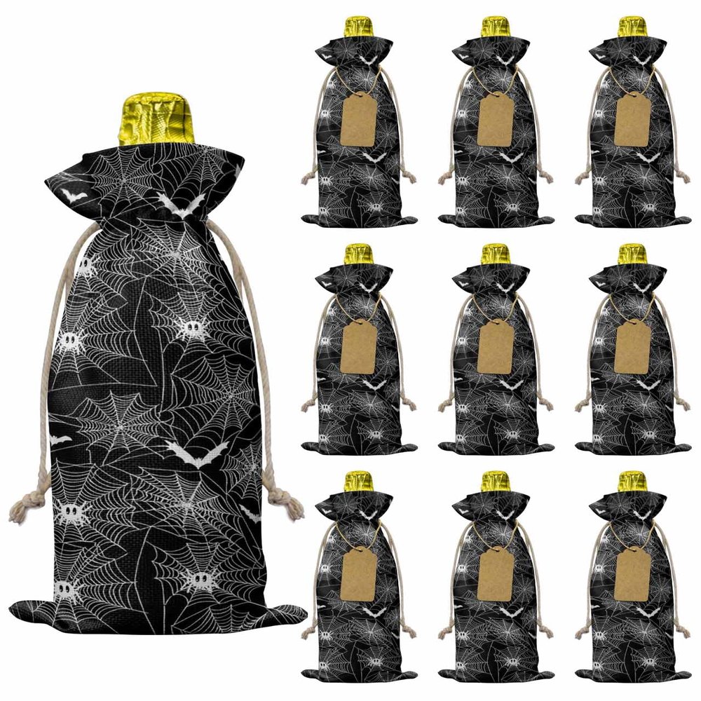 10 Pcs Premium Wine Bottle Gift Bags with Drawstring Halloween Theme Spider Reusable Wine Gift Bag for Christmas, Wedding, Birthday,Holiday Party, Housewarming, Home Storage