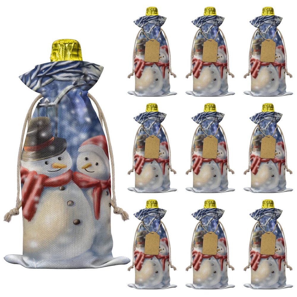 10 Pcs Premium Wine Bottle Gift Bags with Drawstring Couple Snowman Christmas Tree Jolly Holiday day Reusable Wine Gift Bag for Christmas, Wedding, Birthday,Holiday Party, Housewarming, Home Storage