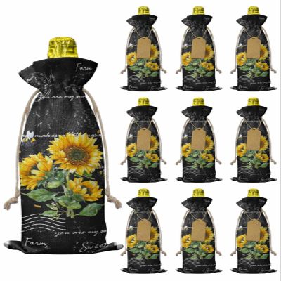 10 Pcs Premium Wine Bottle Gift Bags with Drawstring Farmhouse Rustic Country Sunflowers on Black Backdrop Reusable Wine Gift Bag for Christmas, Wedding,Holiday Party, Housewarming, Home Storage