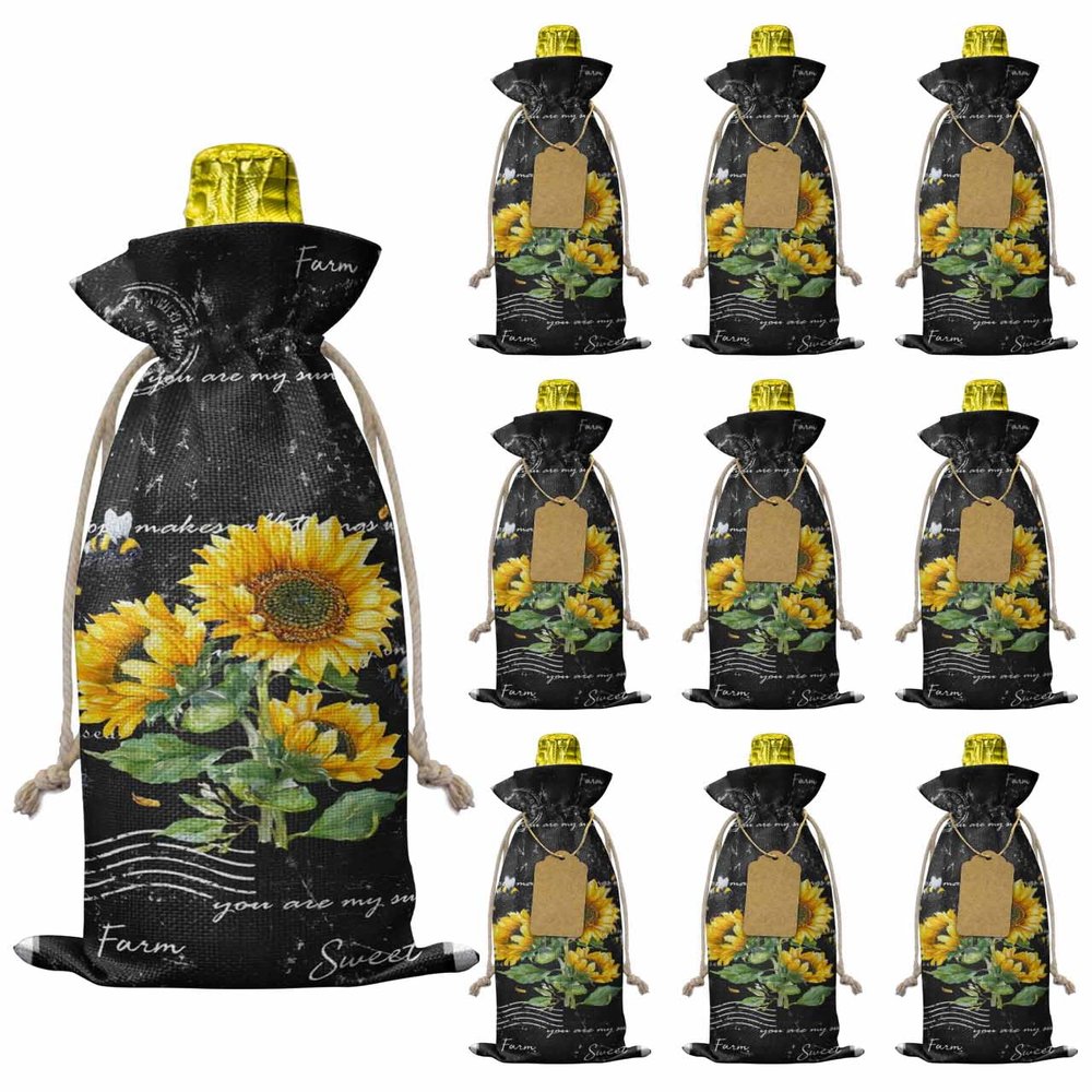 10 Pcs Premium Wine Bottle Gift Bags with Drawstring Farmhouse Rustic Country Sunflowers on Black Backdrop Reusable Wine Gift Bag for Christmas, Wedding,Holiday Party, Housewarming, Home Storage