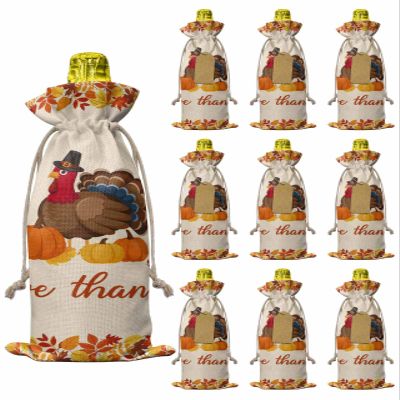 10 Pcs Premium Wine Bottle Gift Bags with Drawstring Thanksgiving Turkey with Pumpkin Reusable Wine Gift Bag for Christmas, Wedding, Birthday,Holiday Party, Housewarming, Home Storage