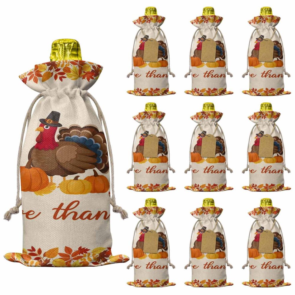 10 Pcs Premium Wine Bottle Gift Bags with Drawstring Thanksgiving Turkey with Pumpkin Reusable Wine Gift Bag for Christmas, Wedding, Birthday,Holiday Party, Housewarming, Home Storage