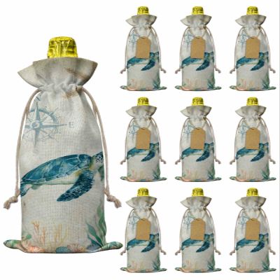 10 Pcs Premium Wine Bottle Gift Bags with Drawstring Sea Turtle Watercolor Animal Compass Marine Organism Reusable Wine Gift Bag for Christmas, Wedding,Holiday Party, Housewarming, Home Storage