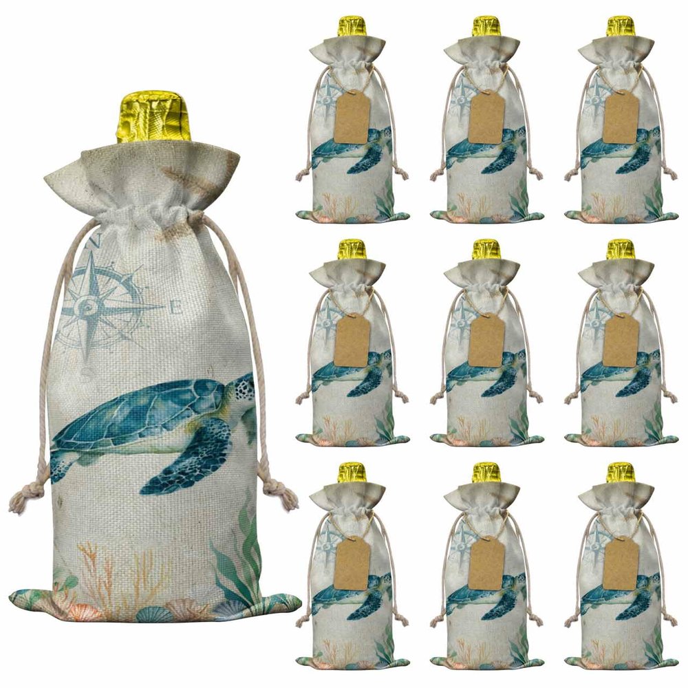 10 Pcs Premium Wine Bottle Gift Bags with Drawstring Sea Turtle Watercolor Animal Compass Marine Organism Reusable Wine Gift Bag for Christmas, Wedding,Holiday Party, Housewarming, Home Storage