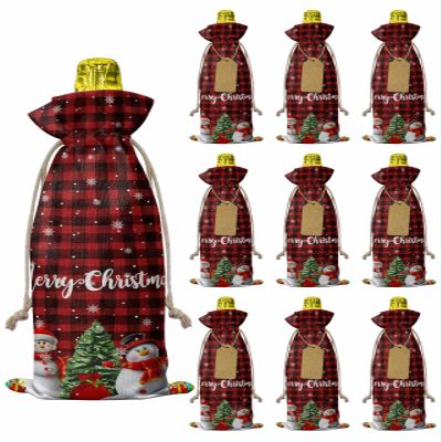10 Pcs Premium Wine Bottle Gift Bags with Drawstring Winter Snowing Snowman with Christmas Tree and Gift Buffalo Check Plaid Reusable Wine Gift Bag for Christmas, Wedding,Holiday Party, Housewarming