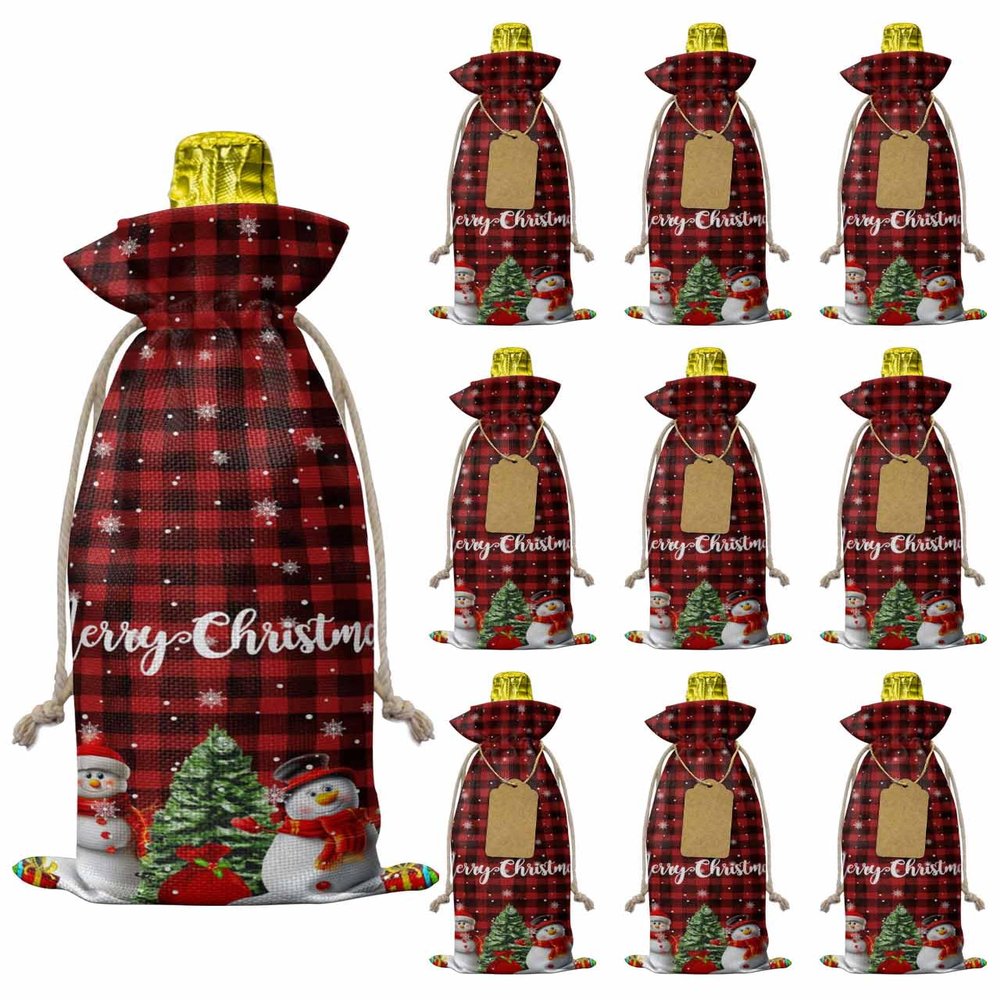 10 Pcs Premium Wine Bottle Gift Bags with Drawstring Winter Snowing Snowman with Christmas Tree and Gift Buffalo Check Plaid Reusable Wine Gift Bag for Christmas, Wedding,Holiday Party, Housewarming