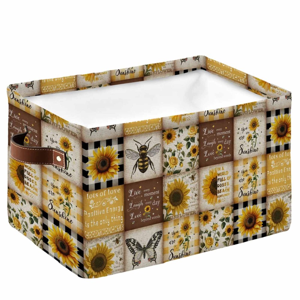 Large Storage Baskets Bins Rustic Sunflower Bee Collapsible Storage Box Laundry Organizer for Closet Shelf Nursery Kids Bedroom Retro Sunshine Spring Floral Country Plaid