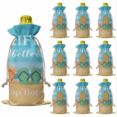10 Pcs Premium Wine Bottle Gift Bags with Drawstring Life is Better in Flip Flops Summer Beach Theme Reusable Wine Gift Bag for Christmas, Wedding, Birthday,Holiday Party, Housewarming, Home Storage