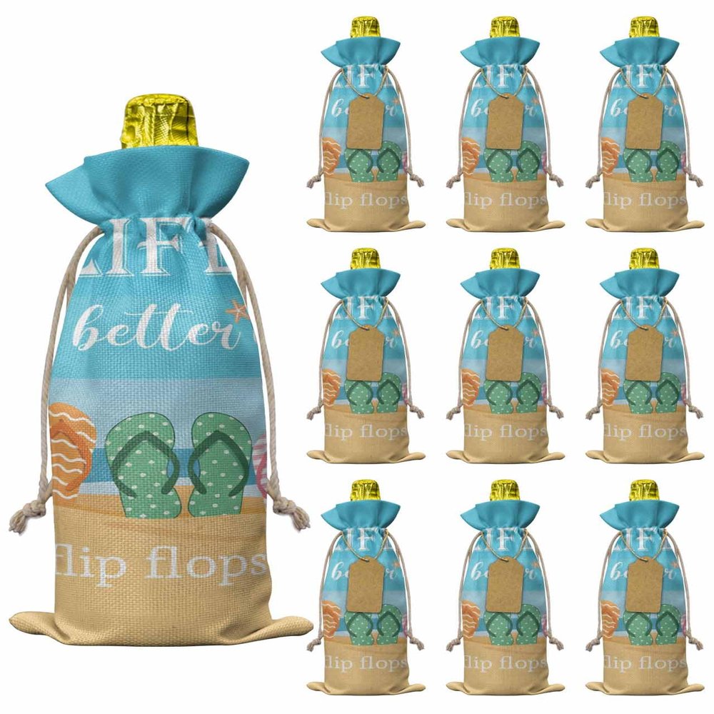 10 Pcs Premium Wine Bottle Gift Bags with Drawstring Life is Better in Flip Flops Summer Beach Theme Reusable Wine Gift Bag for Christmas, Wedding, Birthday,Holiday Party, Housewarming, Home Storage