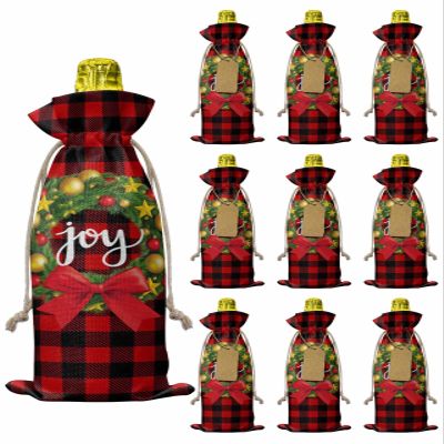 10 Pcs Premium Wine Bottle Gift Bags with Drawstring Christmas Garland Xmas Ball Star Red Black Buffalo Check Reusable Wine Gift Bag for Christmas, Wedding,Holiday Party, Housewarming, Home Storage