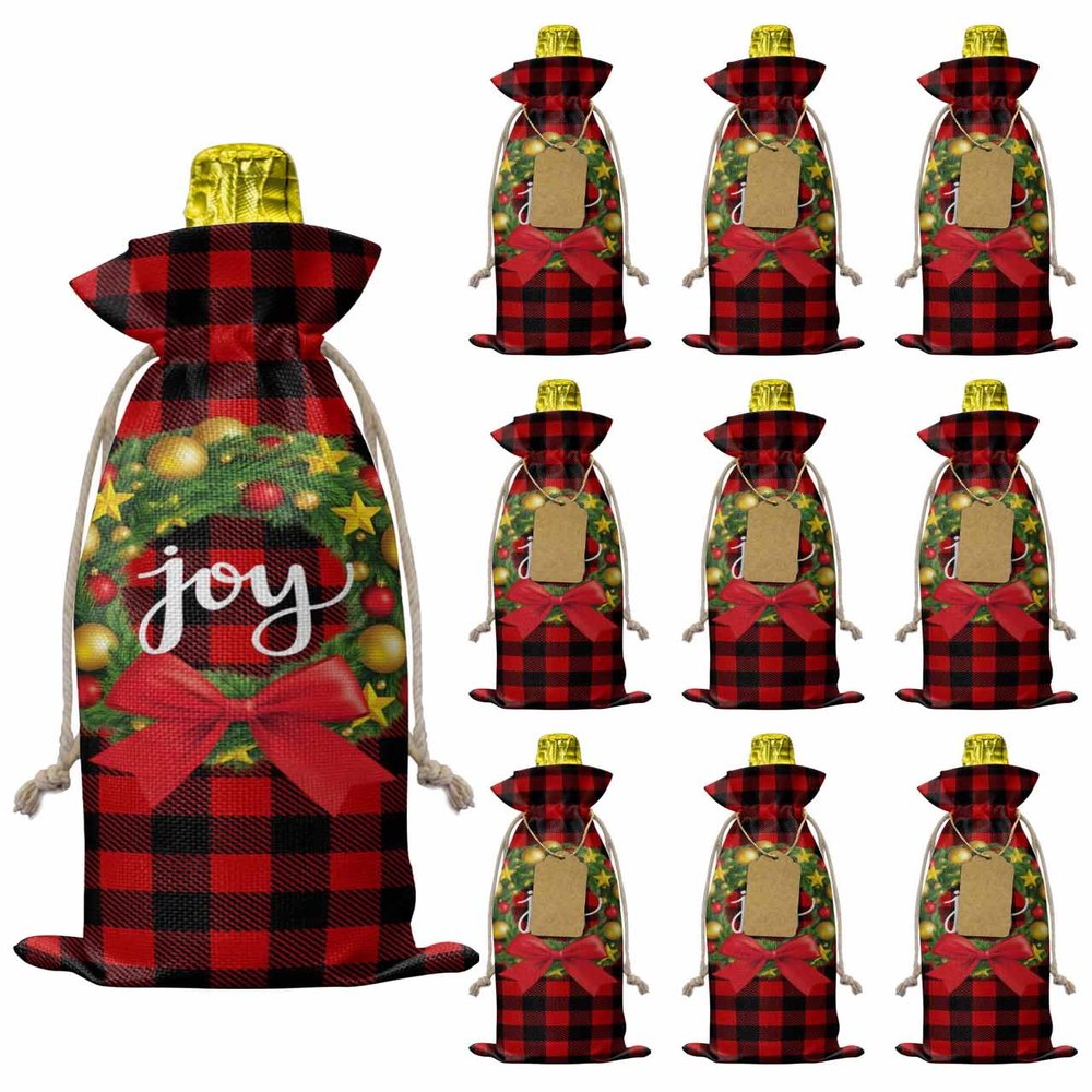 10 Pcs Premium Wine Bottle Gift Bags with Drawstring Christmas Garland Xmas Ball Star Red Black Buffalo Check Reusable Wine Gift Bag for Christmas, Wedding,Holiday Party, Housewarming, Home Storage
