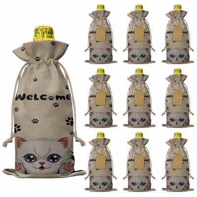 10 Pcs Premium Wine Bottle Gift Bags with Drawstring Cute Funny Cat Vintage Print Reusable Wine Gift Bag for Christmas, Wedding, Birthday,Holiday Party, Housewarming, Home Storage