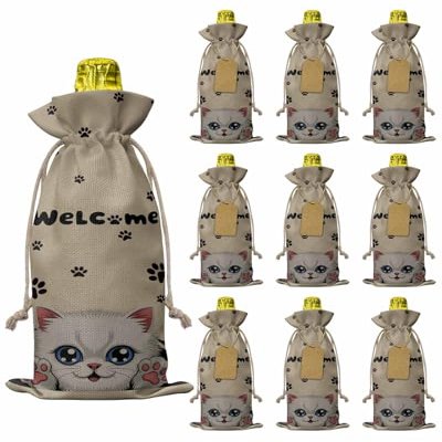 10 Pcs Premium Wine Bottle Gift Bags with Drawstring Cute Funny Cat Vintage Print Reusable Wine Gift Bag for Christmas, Wedding, Birthday,Holiday Party, Housewarming, Home Storage