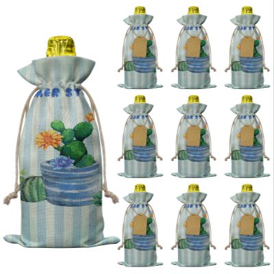 10 Pcs Premium Wine Bottle Gift Bags with Drawstring Green Summer Cactus Watercolor Cacti Flower Reusable Wine Gift Bag for Christmas, Wedding, Birthday,Holiday Party, Housewarming, Home Storage