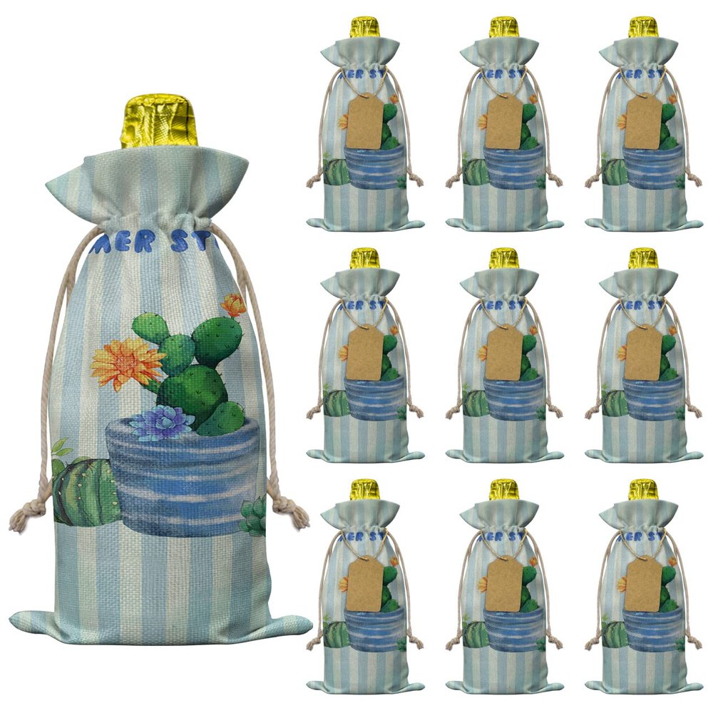 10 Pcs Premium Wine Bottle Gift Bags with Drawstring Green Summer Cactus Watercolor Cacti Flower Reusable Wine Gift Bag for Christmas, Wedding, Birthday,Holiday Party, Housewarming, Home Storage