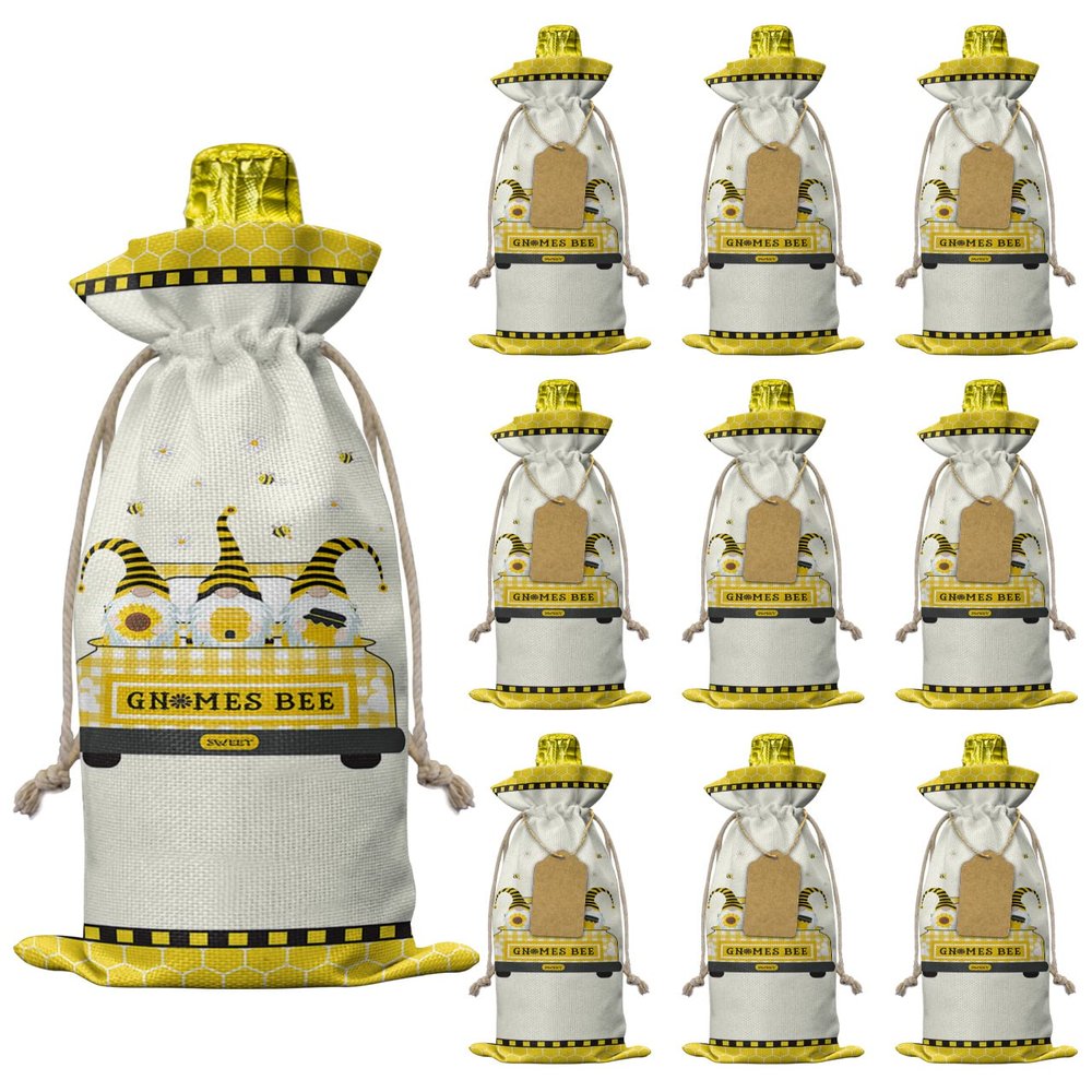 10 Pcs Premium Wine Bottle Gift Bags with Drawstring Yellow Truck with Gnomes Bee Hive Background Reusable Wine Gift Bag for Christmas, Wedding, Birthday,Holiday Party, Housewarming, Home Storage