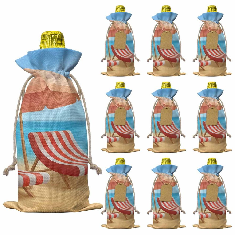 10 Pcs Premium Wine Bottle Gift Bags with Drawstring Sea Beach Recliner Summer Seaside Scene Ocean Island Reusable Wine Gift Bag for Christmas, Wedding,Holiday Party, Housewarming, Home Storage