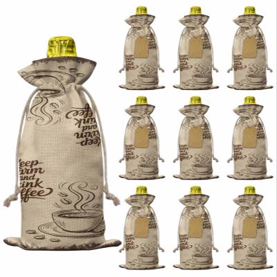 10 Pcs Premium Wine Bottle Gift Bags with Drawstring Cartoon Coffee and Coffee Beans Close-Up Keep Warm and Drink Coffee Reusable Wine Gift Bag for Christmas, Wedding,Holiday Party, Housewarming