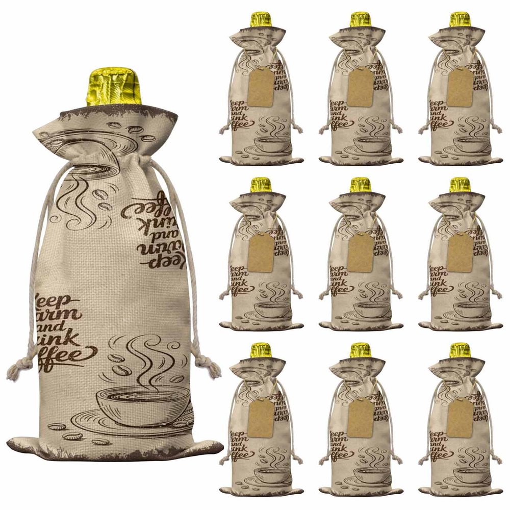 10 Pcs Premium Wine Bottle Gift Bags with Drawstring Cartoon Coffee and Coffee Beans Close-Up Keep Warm and Drink Coffee Reusable Wine Gift Bag for Christmas, Wedding,Holiday Party, Housewarming