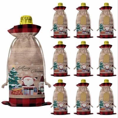 10 Pcs Premium Wine Bottle Gift Bags with Drawstring Stanta Retro Wood Red Lattice Merry Christmas Reusable Wine Gift Bag for Christmas, Wedding, Birthday,Holiday Party, Housewarming, Home Storage