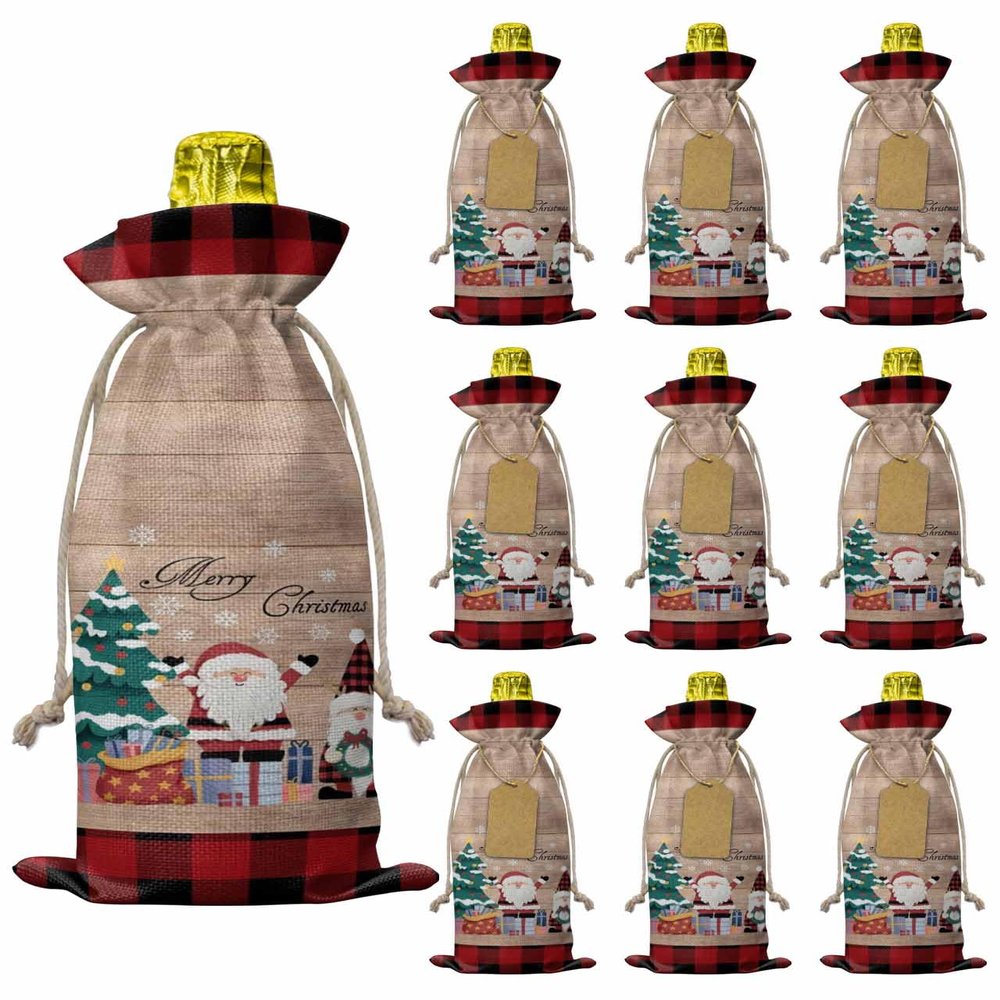 10 Pcs Premium Wine Bottle Gift Bags with Drawstring Stanta Retro Wood Red Lattice Merry Christmas Reusable Wine Gift Bag for Christmas, Wedding, Birthday,Holiday Party, Housewarming, Home Storage
