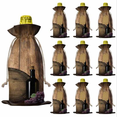 10 Pcs Premium Wine Bottle Gift Bags with Drawstring Rustic Wood Grained Wine Glasses and Fruit Grapes Reusable Wine Gift Bag for Christmas, Wedding, Birthday,Holiday Party, Housewarming, Home Storage