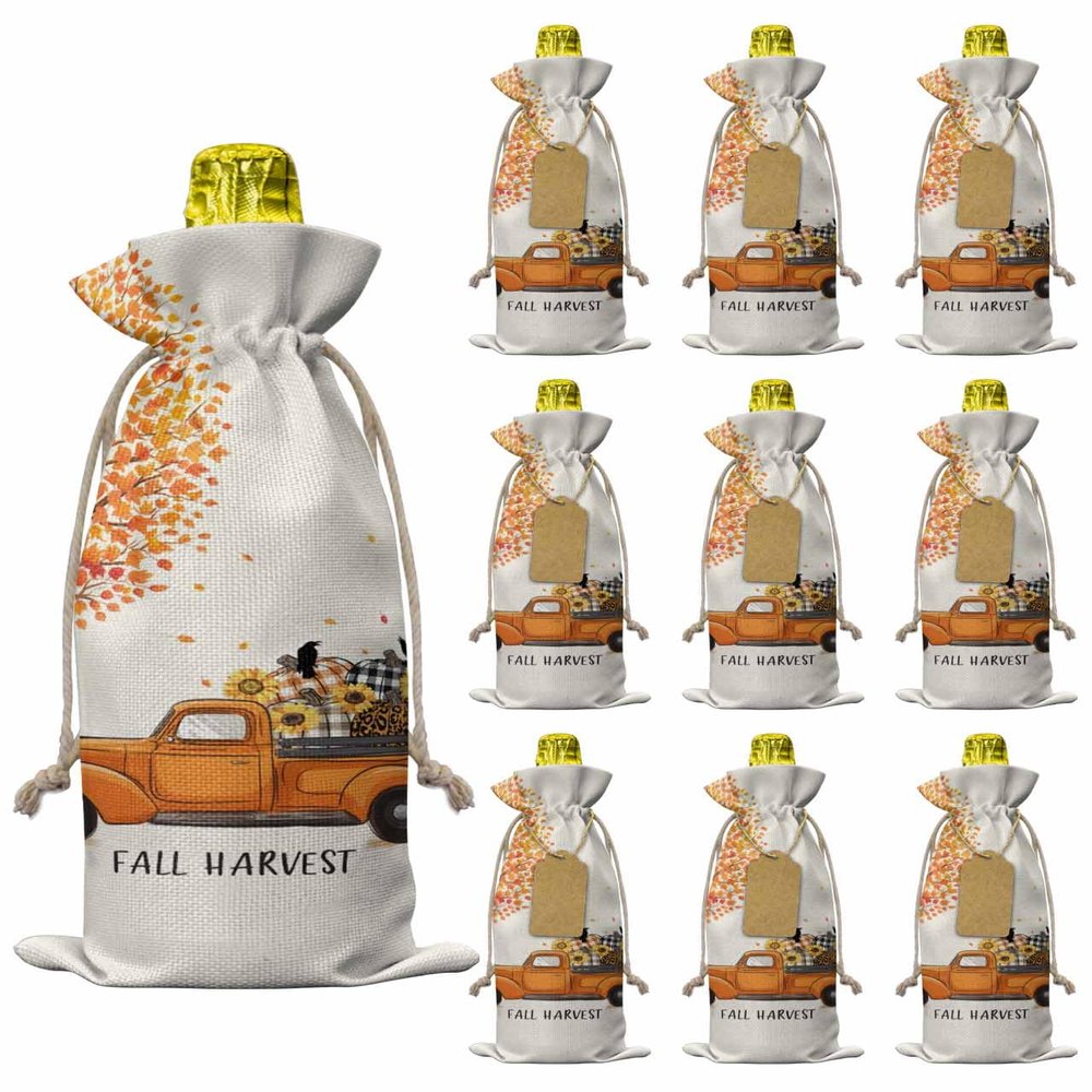 10 Pcs Premium Wine Bottle Gift Bags with Drawstring It's Fall Y'all Cute Gnomes and Pumpkins on The Truck Reusable Wine Gift Bag for Christmas, Wedding,Holiday Party, Housewarming, Home Storage