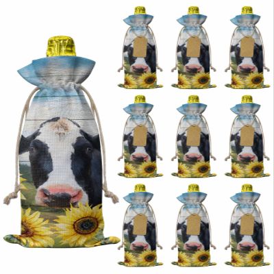 10 Pcs Premium Wine Bottle Gift Bags with Drawstring Barn Idyllic Cow And Sunflower Reusable Wine Gift Bag for Christmas, Wedding, Birthday,Holiday Party, Housewarming, Home Storage