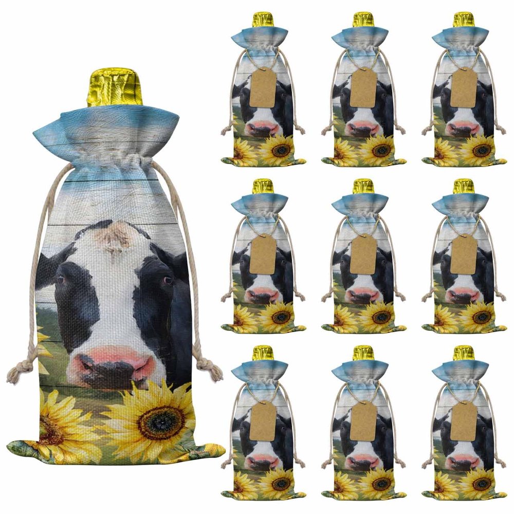 10 Pcs Premium Wine Bottle Gift Bags with Drawstring Barn Idyllic Cow And Sunflower Reusable Wine Gift Bag for Christmas, Wedding, Birthday,Holiday Party, Housewarming, Home Storage
