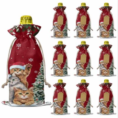 10 Pcs Premium Wine Bottle Gift Bags with Drawstring Xmas Poinsettia and Pine Tree Lovely Cat Winter Holiday Snowflake Reusable Wine Gift Bag for Christmas, Wedding,Holiday Party, Housewarming