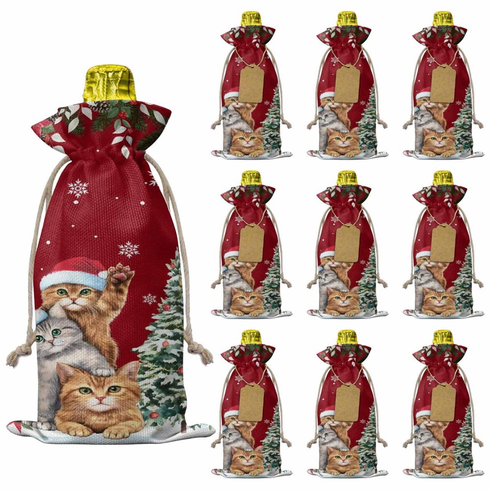 10 Pcs Premium Wine Bottle Gift Bags with Drawstring Xmas Poinsettia and Pine Tree Lovely Cat Winter Holiday Snowflake Reusable Wine Gift Bag for Christmas, Wedding,Holiday Party, Housewarming