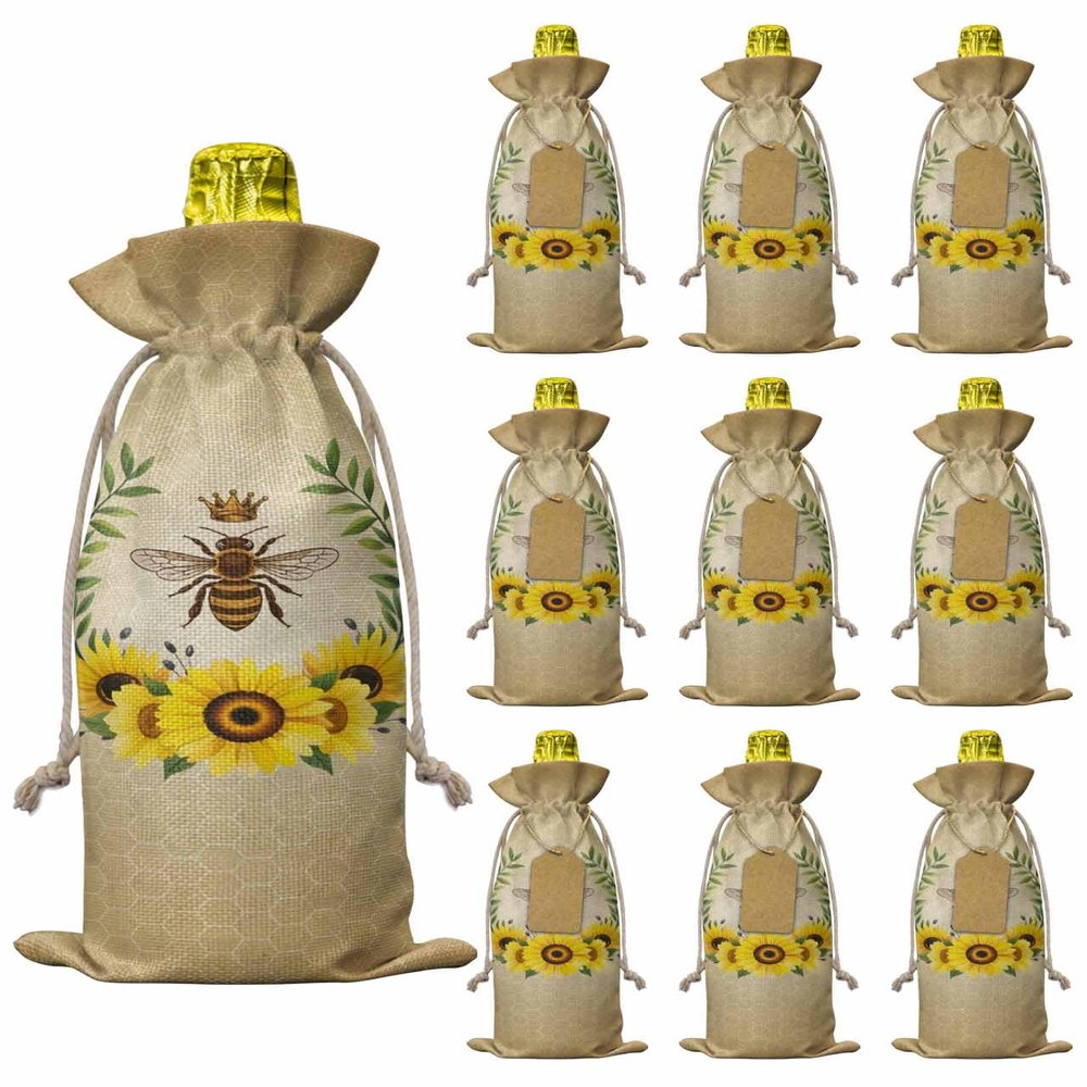 10 Pcs Premium Wine Bottle Gift Bags with Drawstring Sunflower Garland Animal Badge Bee Beehive Reusable Wine Gift Bag for Christmas, Wedding, Birthday,Holiday Party, Housewarming, Home Storage