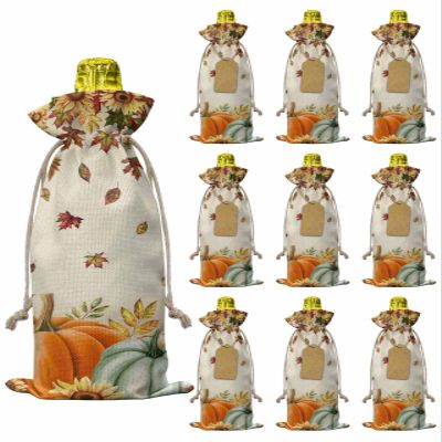 10 Pcs Premium Wine Bottle Gift Bags with Drawstring Sunflower Maple Leaves Pumpkin Autumn Fall Flowers Reusable Wine Gift Bag for Christmas, Wedding,Holiday Party, Housewarming, Home Storage