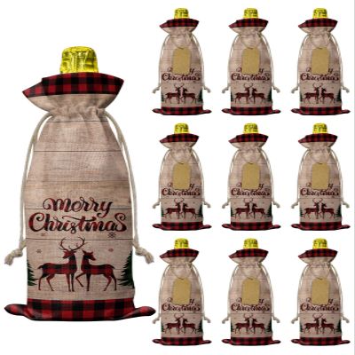 10 Pcs Premium Wine Bottle Gift Bags with Drawstring Xmas Buffalo Check Reindeer Pine Tree Merry Christmas Reusable Wine Gift Bag for Christmas, Wedding,Holiday Party, Housewarming, Home Storage
