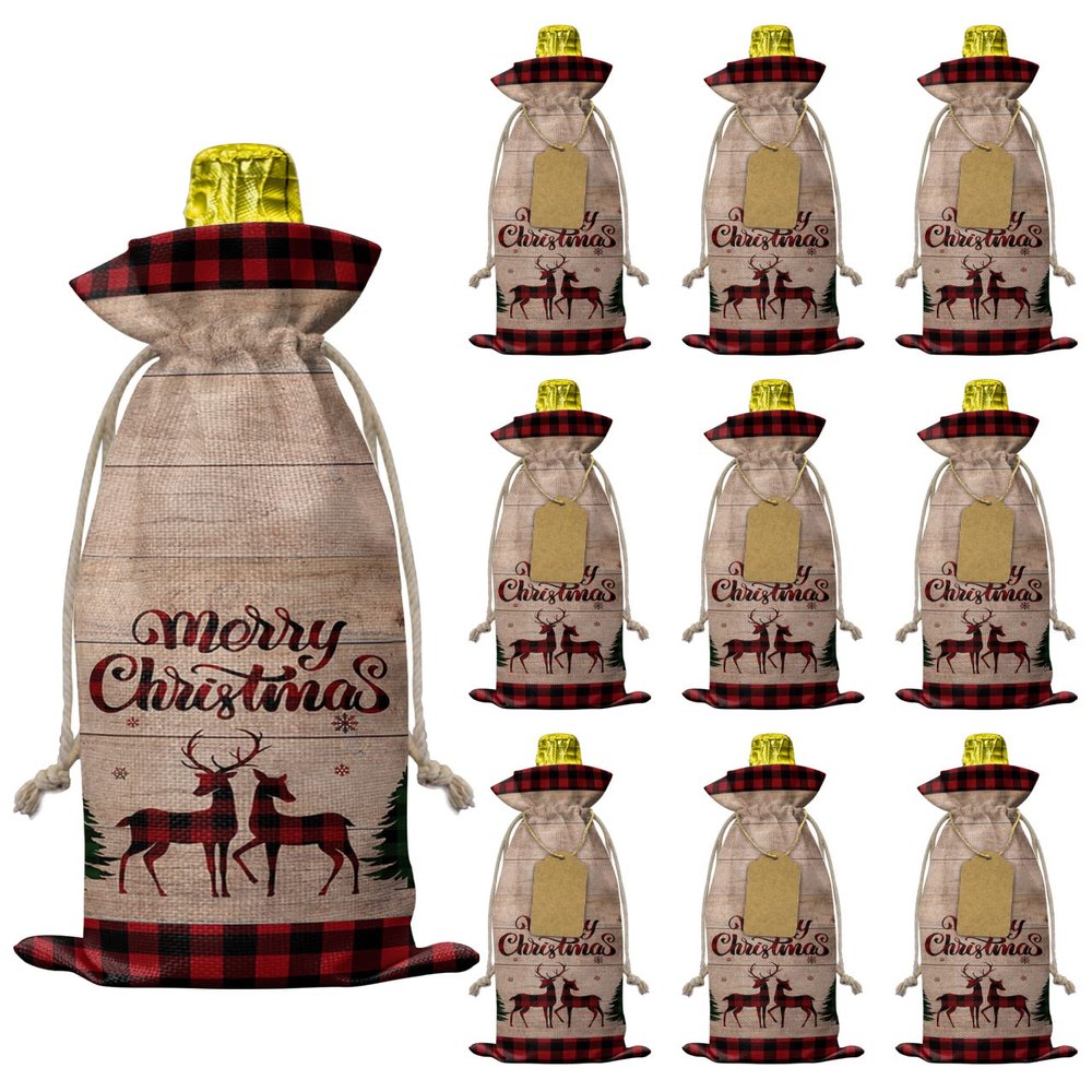 10 Pcs Premium Wine Bottle Gift Bags with Drawstring Xmas Buffalo Check Reindeer Pine Tree Merry Christmas Reusable Wine Gift Bag for Christmas, Wedding,Holiday Party, Housewarming, Home Storage