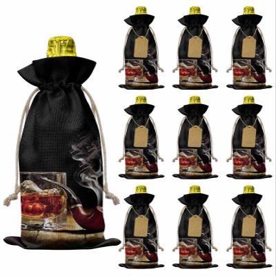 10 Pcs Premium Wine Bottle Gift Bags with Drawstring Wine Whiskey Glasses and Cigars Pattern Reusable Wine Gift Bag for Christmas, Wedding, Birthday,Holiday Party, Housewarming, Home Storage