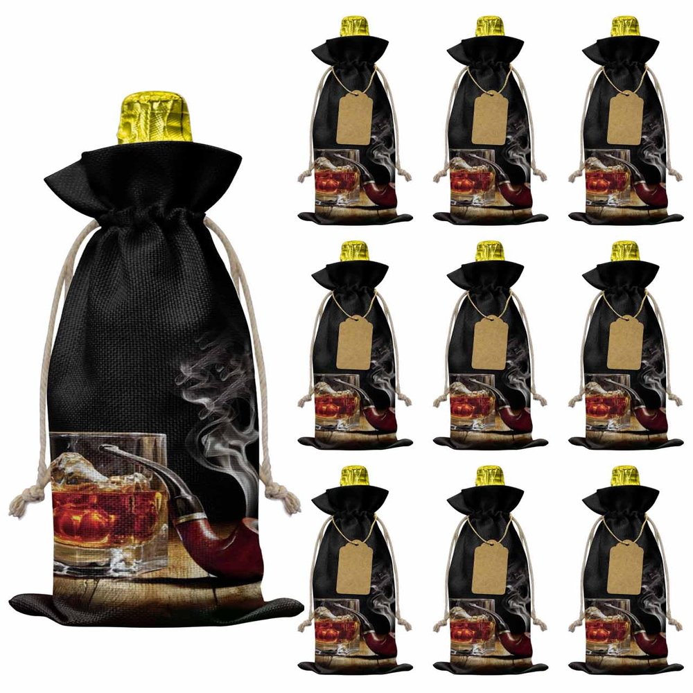 10 Pcs Premium Wine Bottle Gift Bags with Drawstring Wine Whiskey Glasses and Cigars Pattern Reusable Wine Gift Bag for Christmas, Wedding, Birthday,Holiday Party, Housewarming, Home Storage