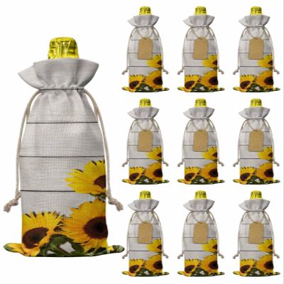 10 Pcs Premium Wine Bottle Gift Bags with Drawstring Farmhouse Sunflower on Rustic Wooden Planks Reusable Wine Gift Bag for Christmas, Wedding, Birthday,Holiday Party, Housewarming, Home Storage