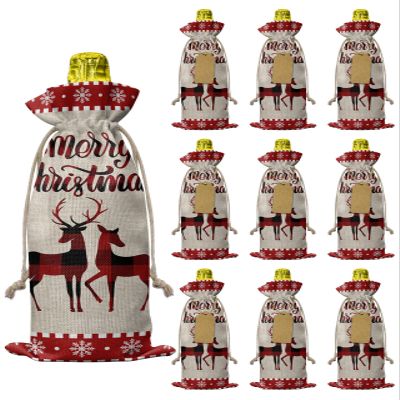 10 Pcs Premium Wine Bottle Gift Bags with Drawstring Xmas Reindeer Snowflake Merry Christmas Reusable Wine Gift Bag for Christmas, Wedding, Birthday,Holiday Party, Housewarming, Home Storage