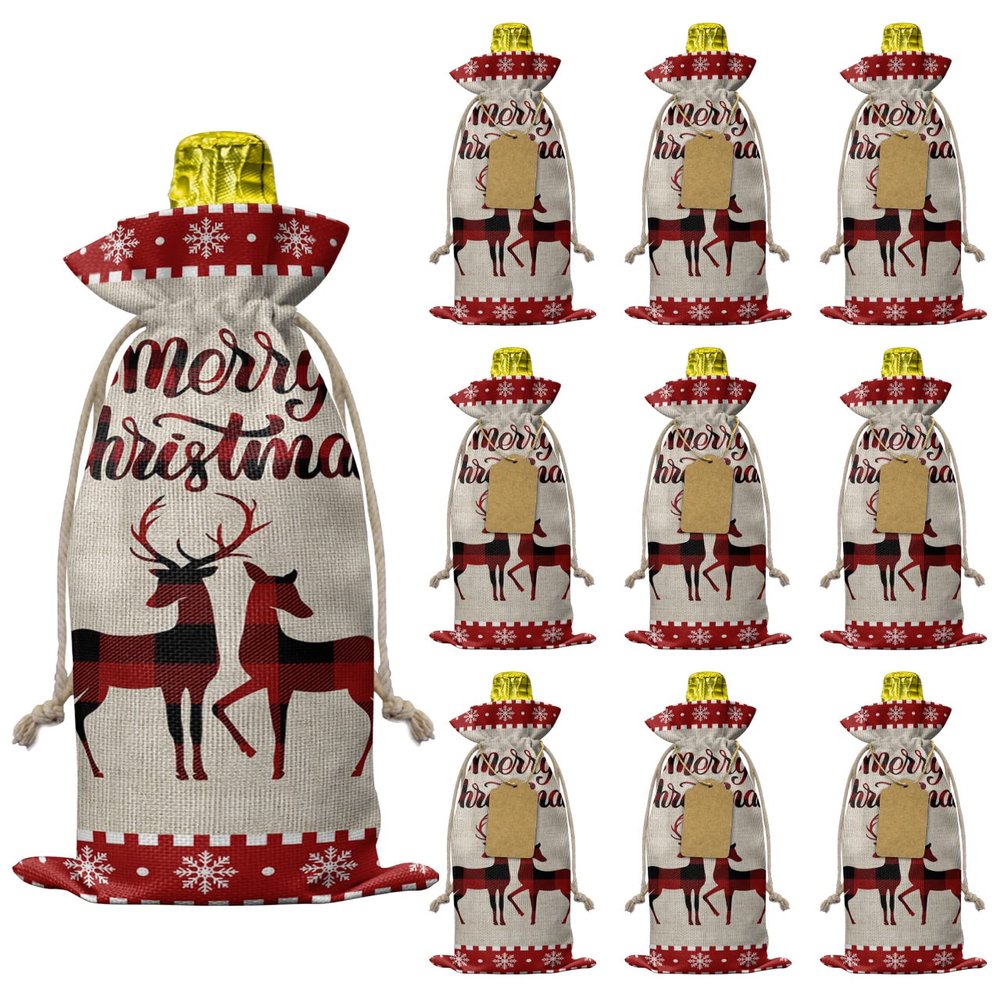 10 Pcs Premium Wine Bottle Gift Bags with Drawstring Xmas Reindeer Snowflake Merry Christmas Reusable Wine Gift Bag for Christmas, Wedding, Birthday,Holiday Party, Housewarming, Home Storage