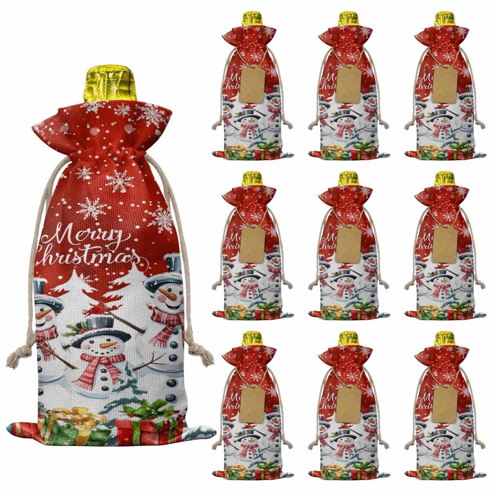10 Pcs Premium Wine Bottle Gift Bags with Drawstring Xmas Cute Snowman with Christmas Tree and Gifts Reusable Wine Gift Bag for Christmas, Wedding, Birthday,Holiday Party, Housewarming, Home Storage