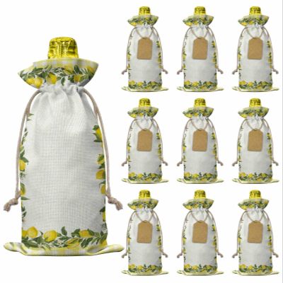 10 Pcs Premium Wine Bottle Gift Bags with Drawstring Fruits Lemon Green Leaves Plant Yellow White Buffalo Check Plaid Reusable Wine Gift Bag for Christmas, Wedding,Holiday Party, Housewarming