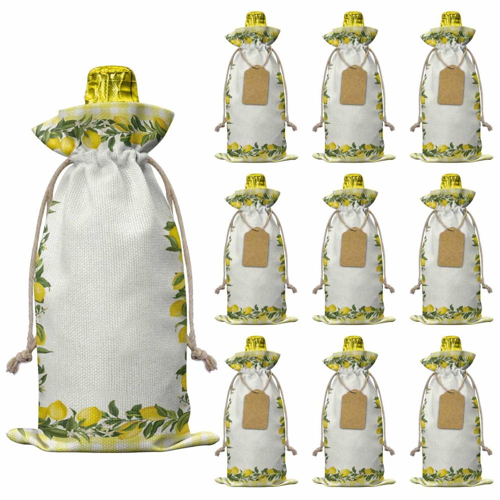 10 Pcs Premium Wine Bottle Gift Bags with Drawstring Fruits Lemon Green Leaves Plant Yellow White Buffalo Check Plaid Reusable Wine Gift Bag for Christmas, Wedding,Holiday Party, Housewarming