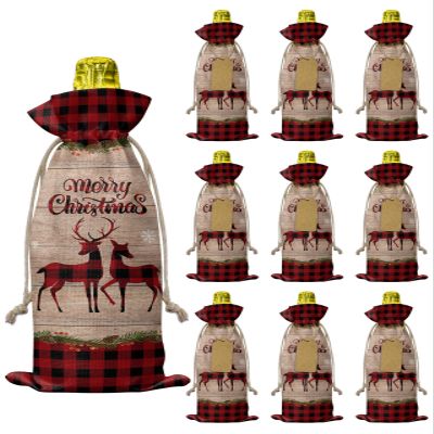 10 Pcs Premium Wine Bottle Gift Bags with Drawstring Xmas Buffalo Check Reindeer Snowflake Merry Christmas Reusable Wine Gift Bag for Christmas, Wedding,Holiday Party, Housewarming, Home Storage