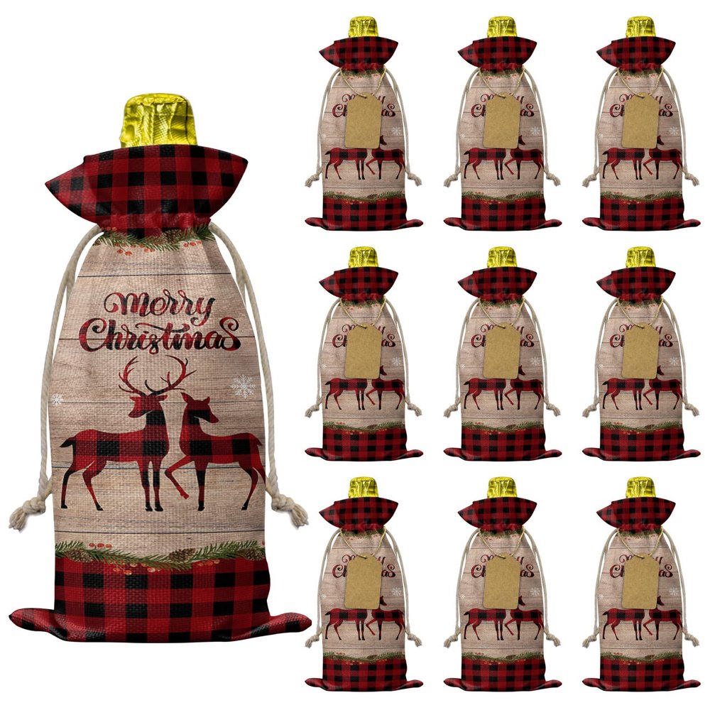 10 Pcs Premium Wine Bottle Gift Bags with Drawstring Xmas Buffalo Check Reindeer Snowflake Merry Christmas Reusable Wine Gift Bag for Christmas, Wedding,Holiday Party, Housewarming, Home Storage