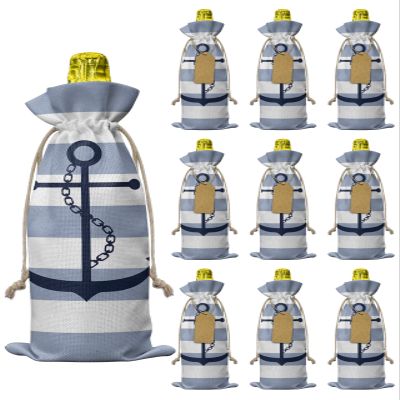 10 Pcs Premium Wine Bottle Gift Bags with Drawstring Nautical Anchor Coastal Rustic Blue Striped Reusable Wine Gift Bag for Christmas, Wedding, Birthday,Holiday Party, Housewarming, Home Storage