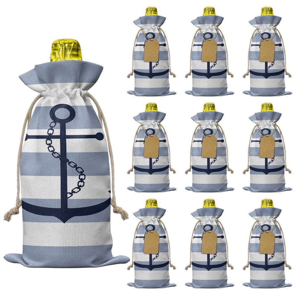 10 Pcs Premium Wine Bottle Gift Bags with Drawstring Nautical Anchor Coastal Rustic Blue Striped Reusable Wine Gift Bag for Christmas, Wedding, Birthday,Holiday Party, Housewarming, Home Storage